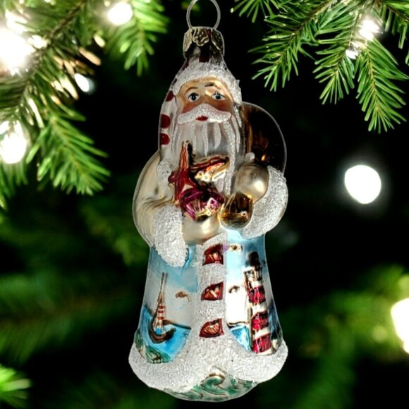 Vintage Coastal Santa Claus Christmas Ornament Nautical Sea Lighthouse Sailboat - Picture 1 of 10
